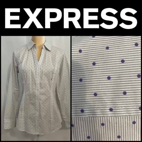 Express long sleeve button down blouse. Gray pinstripes with purple dots size M - Picture 1 of 15